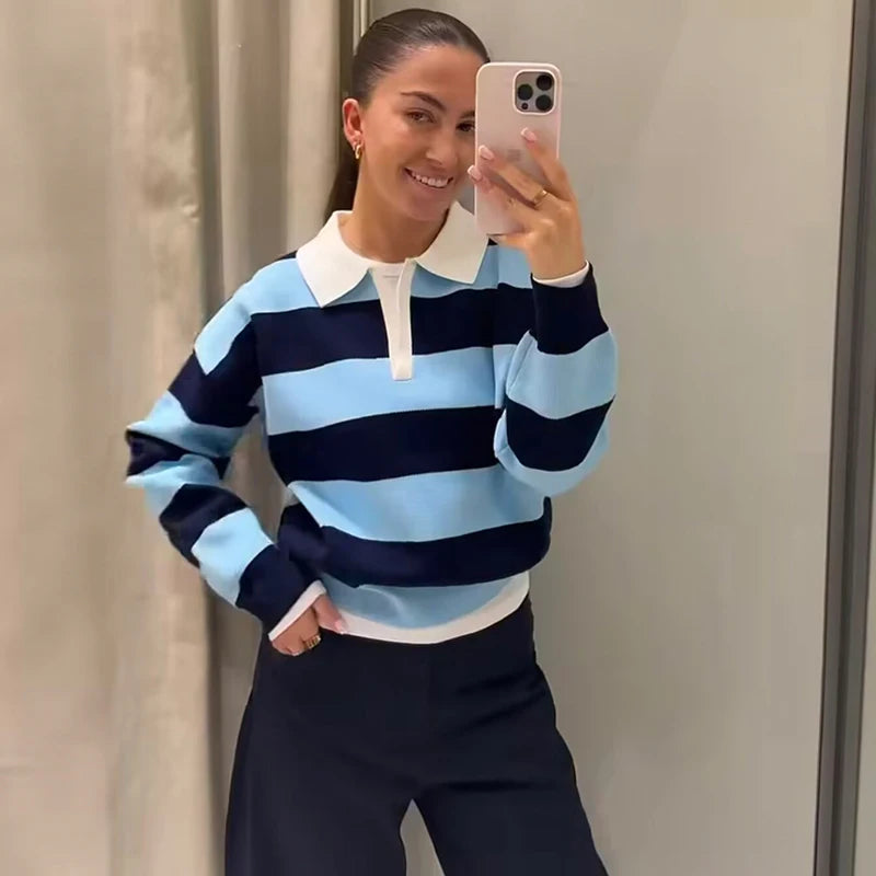 Women’s Striped Knit Polo Sweater – Casual Loose Pullover