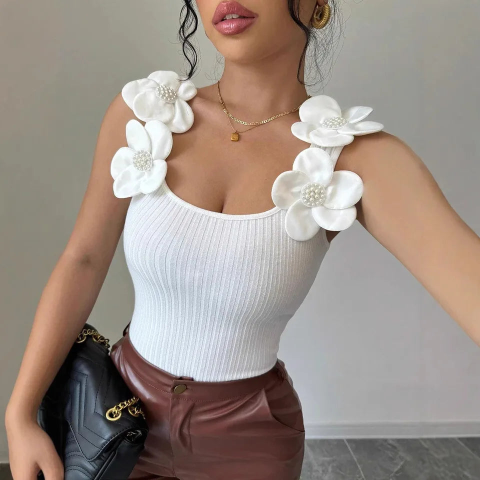 Women’s Knitted Sleeveless Vest Top with 3D Floral Detail