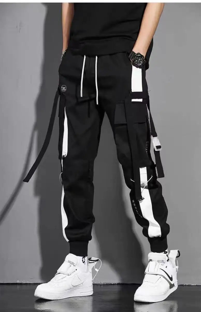 Men's Hip Hop Cargo Joggers With Ribbon Details