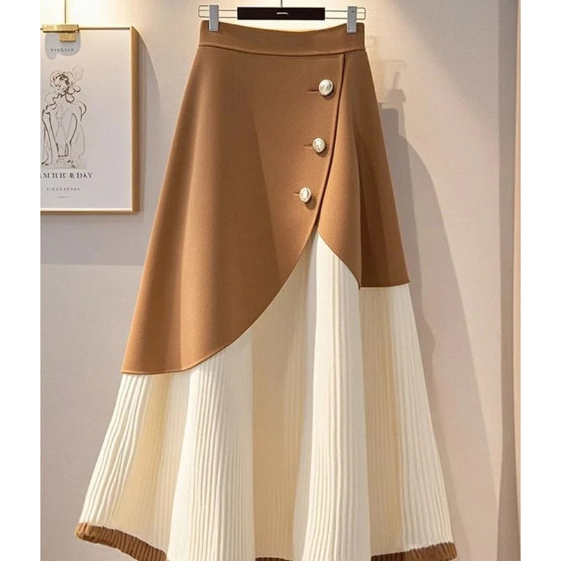 High Waist Knitted A-Line Midi Skirt With Buttons