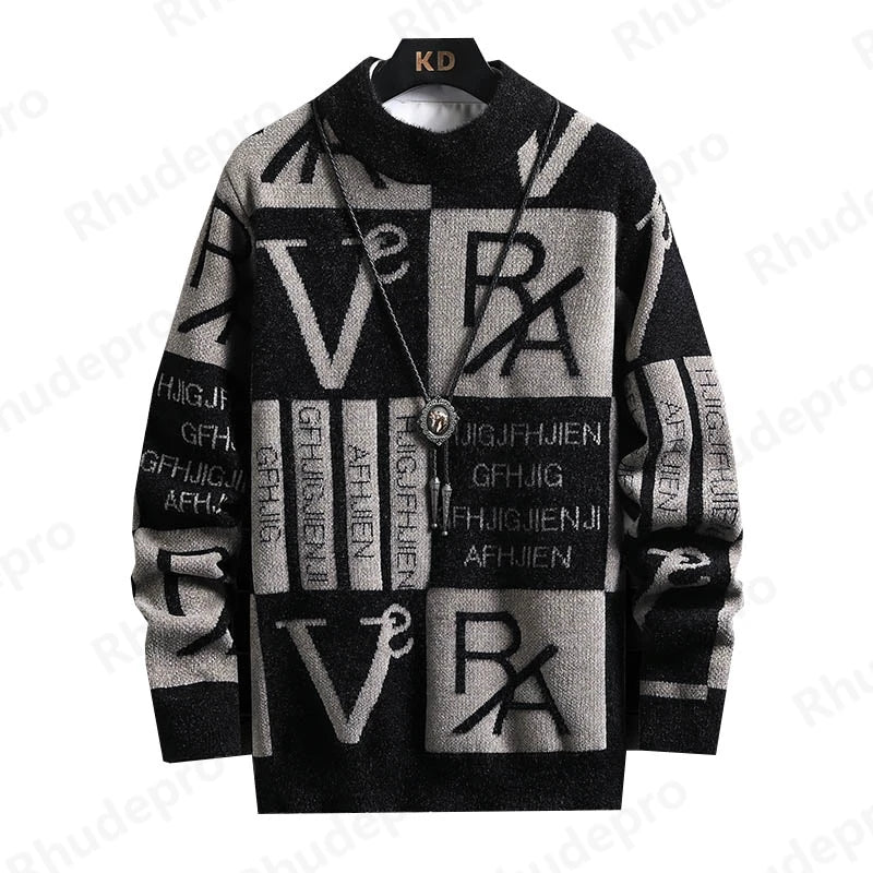 Men’s Knit Letter Pullover Sweater Round Neck Casual