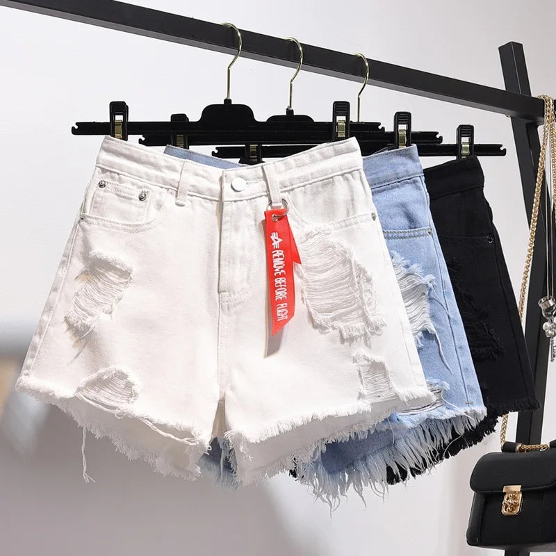 Women’s High Waist Denim Shorts With Tassel Hem