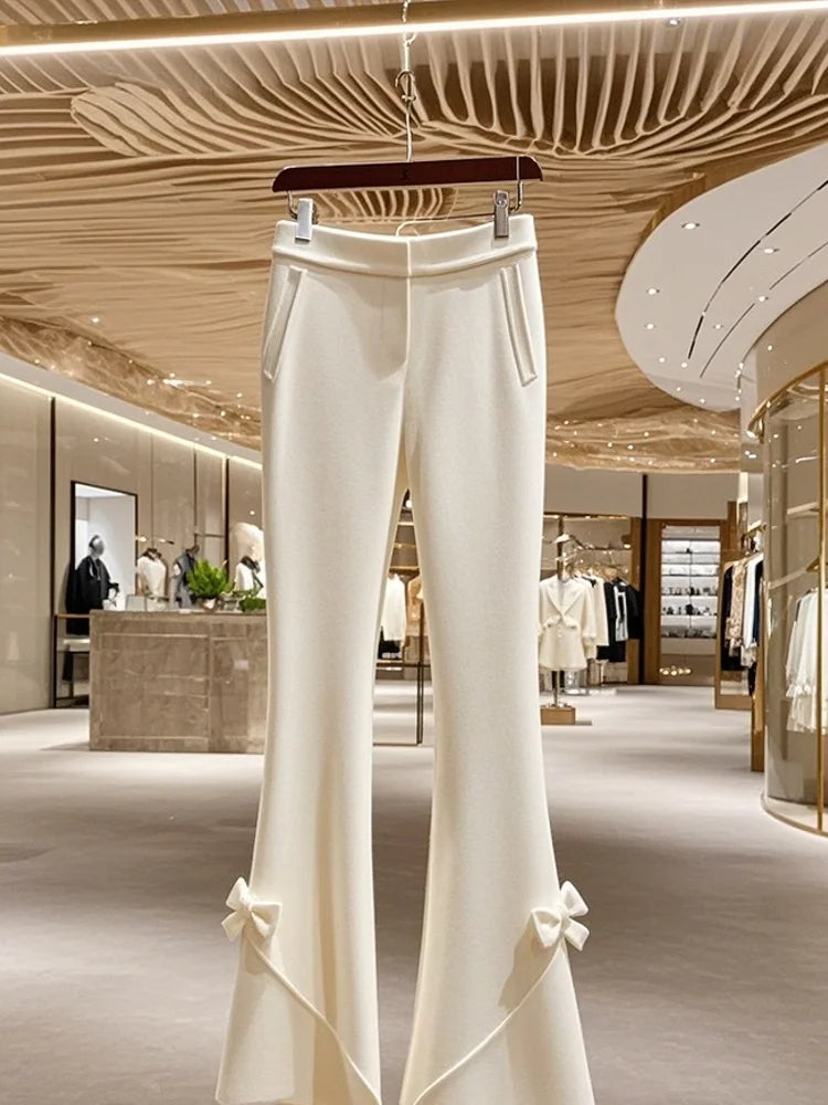 Women’s High Waist Knit Flare Pants With Bow Detail