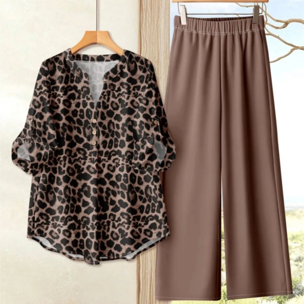 Women’s Printed Short Sleeve Top And Wide Leg Pants Set