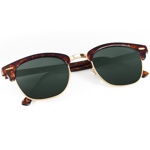 E5-(1 Pack) (Glass Lens | Non Polarized) Glossy Tortoise | G15 | Gold Rim Color Polarized Semi-Rimless Sunglasses for Men and Women