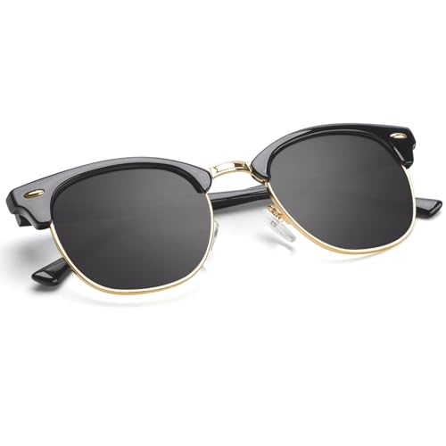 E1-(1 Pack) (Glass Lens | Non Polarized) Glossy Black | Black | Gold Rim Color Polarized Semi-Rimless Sunglasses for Men and Women
