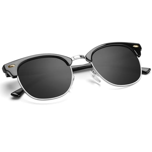 E3-(glass Lens | Non Polarized) Glossy Black | Silver Rim Color Polarized Semi-Rimless Sunglasses for Men and Women