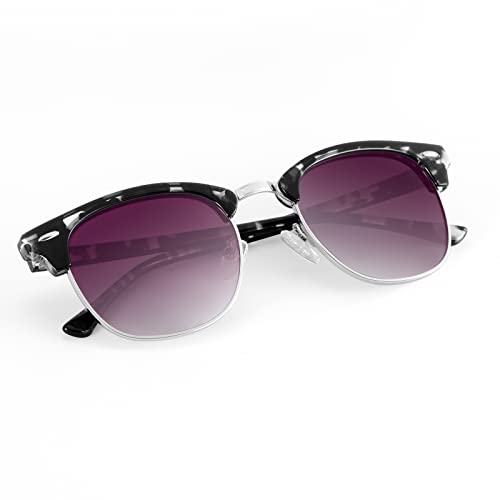 C20-(1 Pack) Glossy White Tortoise | Gradient Purple Grey | Silver Rim Color Polarized Semi-Rimless Sunglasses for Men and Women