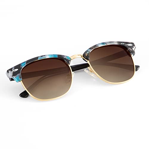 C22-(1 Pack) Glossy Blue Purple Tortoise | Gradient Brown | Golden Rim Color Polarized Semi-Rimless Sunglasses for Men and Women