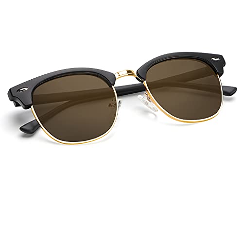 C10-(1 Pack) Matte Black | Brown | Golden Rim Color Polarized Semi-Rimless Sunglasses for Men and Women