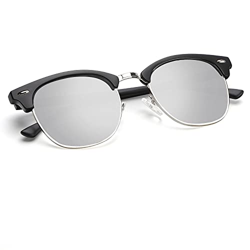 C11-(1 Pack) Matte Black | Silver | Silver Rim Color Polarized Semi-Rimless Sunglasses for Men and Women
