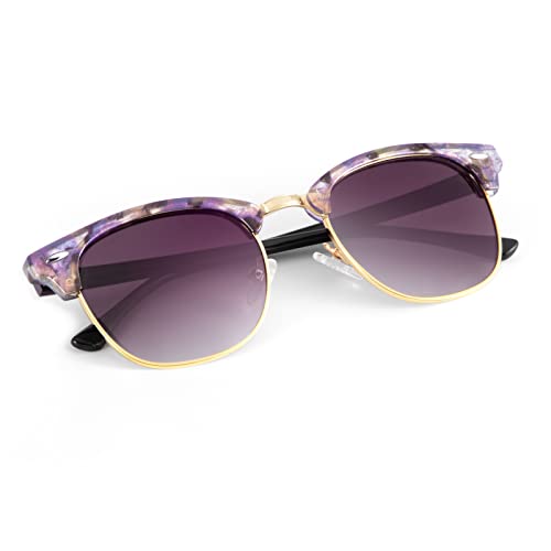 C23-(1 Pack) Glossy Purple Pink Tortoise | Gradient Purple Grey | Golden Rim Color Polarized Semi-Rimless Sunglasses for Men and Women