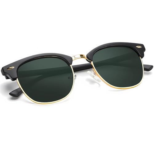 E2-(1 Pack) (Glass Lens | Non Polarized) Glossy Black | G15 | Gold Rim Color Polarized Semi-Rimless Sunglasses for Men and Women