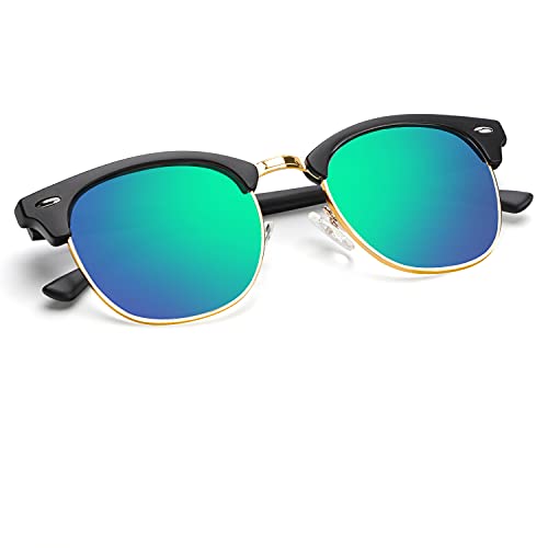 C07-(1 Pack) Matte Black | Green | Golden Rim Color Polarized Semi-Rimless Sunglasses for Men and Women