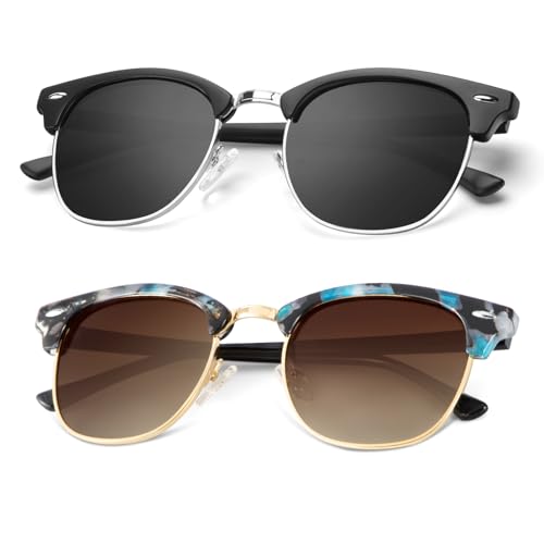 A24-(2 Pack) Matte Black | Black | Silver Rim / Glossy Blue Purple Tortoise | Gradient Brown | Golden Rim Color Polarized Semi-Rimless Sunglasses for Men and Women