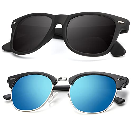 B15-(2 Pack) Matte Black | Blue | Silver Rim / Matte Black Color Polarized Semi-Rimless Sunglasses for Men and Women