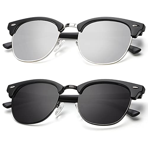 A17-(2 Pack) Matte Black | Silver | Silver Rim / Matte Black | Black | Black Rim Color Polarized Semi-Rimless Sunglasses for Men and Women