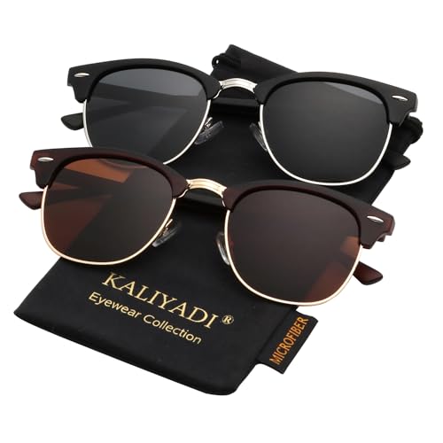 A04-(2 Pack) Matte Brown | Brown | Golden Rim / Matte Black | Black | Silver Rim Color Polarized Semi-Rimless Sunglasses for Men and Women