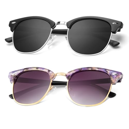 A25-(2 Pack) Matte Black | Black | Silver Rim / Glossy Purple Pink Tortoise | Gradient Purple Grey | Golden Rim Color Polarized Semi-Rimless Sunglasses for Men and Women