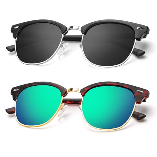 A26-(2 Pack) Matte Black | Black | Silver Rim / Matte Tortoise | Green | Gold Rim Color Polarized Semi-Rimless Sunglasses for Men and Women
