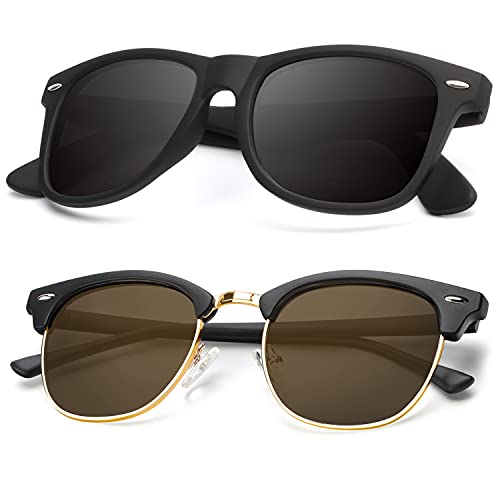 B06-(2 Pack) Matte Black | Gold Rim / Matte Black Color Polarized Semi-Rimless Sunglasses for Men and Women