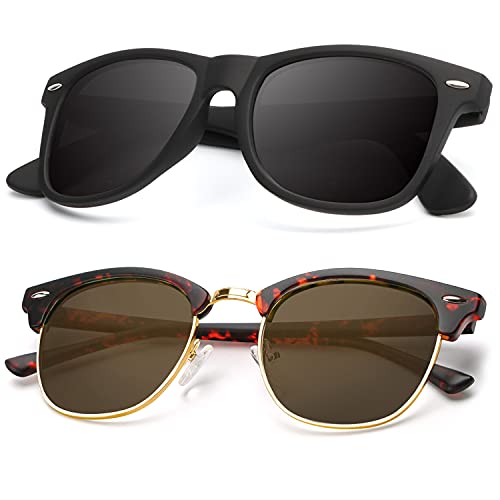 B12-(2 Pack) Matte Tortoise | Brown | Golden Rim / Matte Black Color Polarized Semi-Rimless Sunglasses for Men and Women
