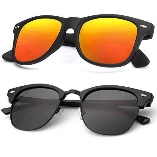 B19-(2 Pack) Glossy Black | Black | Black Rim / Matte Black | Orange Color Polarized Semi-Rimless Sunglasses for Men and Women
