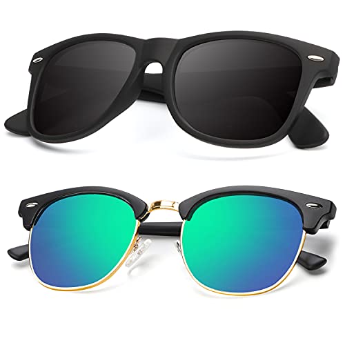 B13-(2 Pack) Matte Black | Green | Golden Rim / Matte Black Color Polarized Semi-Rimless Sunglasses for Men and Women