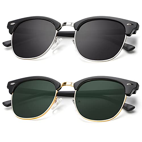 A10-(2 Pack) Matte Black | Silver Rim / Matte Black | Gold Rim Color Polarized Semi-Rimless Sunglasses for Men and Women