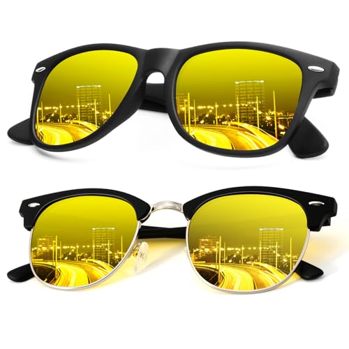 B24-(2 Pack) Black Night Vision/ Matte Black-silverbnight Vision Color Polarized Semi-Rimless Sunglasses for Men and Women