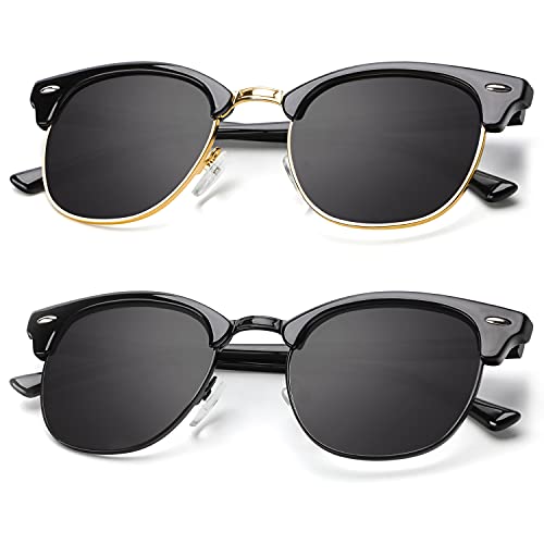 A14-(2 Pack) Glossy Black | Black | Golden Rim / Glossy Black | Black | Black Rim Color Polarized Semi-Rimless Sunglasses for Men and Women