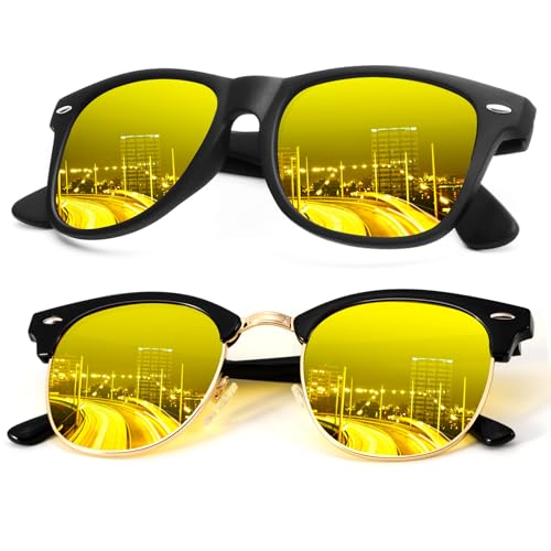 B22-(2 Pack) Black Night Vision/ Glossy Black-gold Night Vision Color Polarized Semi-Rimless Sunglasses for Men and Women