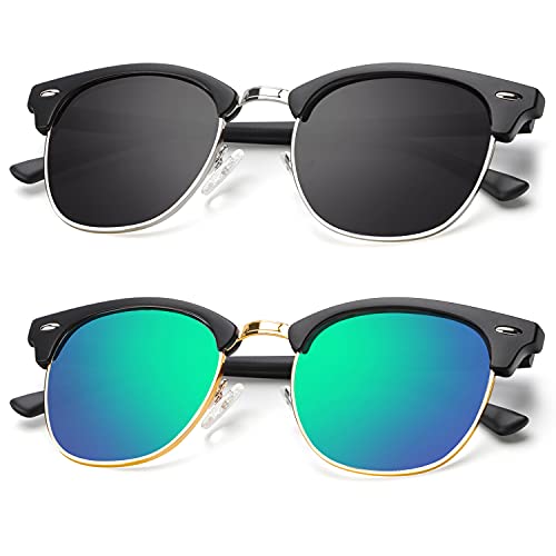 A09-(2 Pack) Matte Black | Green | Golden Rim / Matte Black | Black | Silver Rim Color Polarized Semi-Rimless Sunglasses for Men and Women