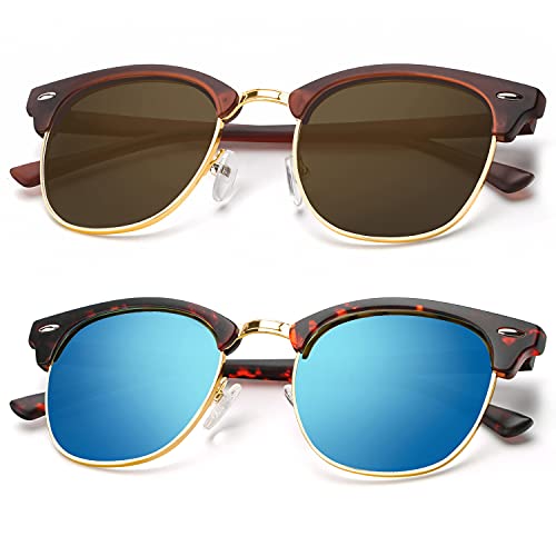 A13-(2 Pack) Matte Tortoise | Blue | Golden Rim / Matte Brown | Brown | Golden Rim Color Polarized Semi-Rimless Sunglasses for Men and Women