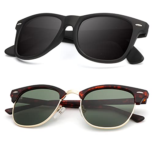 B11-(2 Pack) Matte Tortoise | G15 | Golden Rim / Matte Black Color Polarized Semi-Rimless Sunglasses for Men and Women