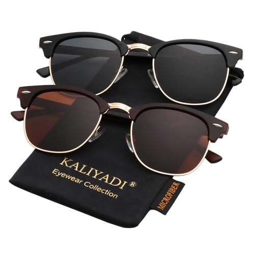 A05-(2 Pack) Matte Brown | Brown | Golden Rim / Glossy Black | Black | Golden Rim Color Polarized Semi-Rimless Sunglasses for Men and Women
