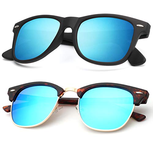 B21-(2 Pack) Matte Tortoise | Blue | Golden Rim / Matte Black | Blue Color Polarized Semi-Rimless Sunglasses for Men and Women