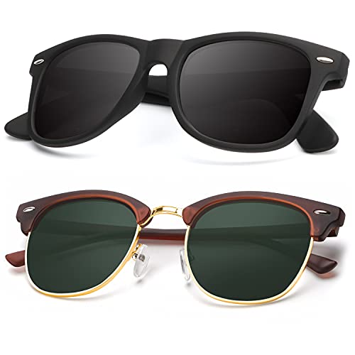 B09-(2 Pack) Matte Brown | G15 | Golden Rim / Matte Black Color Polarized Semi-Rimless Sunglasses for Men and Women