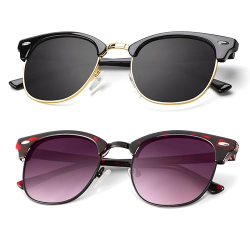 A21-(2 Pack) Glossy Black | Gold Rim / Glossy Claret Tortoise | Black Rim Color Polarized Semi-Rimless Sunglasses for Men and Women