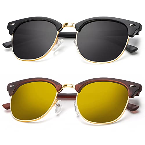 A18-(2 Pack) Matte Brown | Golden | Golden Rim / Matte Black | Black | Golden Rim Color Polarized Semi-Rimless Sunglasses for Men and Women