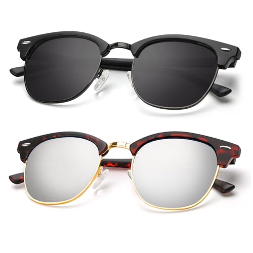 A28-(2 Pack) Matte Black | Black Rim / Matte Tortoise | Gold Rim Color Polarized Semi-Rimless Sunglasses for Men and Women