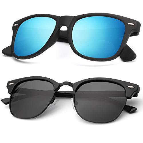 B20-(2 Pack) Glossy Black | Black | Black Rim / Matte Black | Blue Color Polarized Semi-Rimless Sunglasses for Men and Women