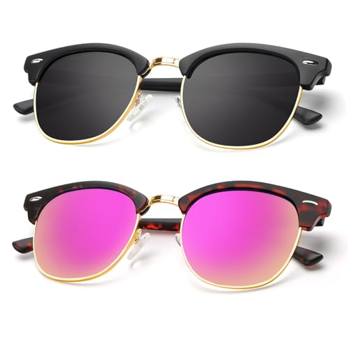 A27-(2 Pack) Matte Black | Gold Rim / Matte Tortoise | Gold Rim Color Polarized Semi-Rimless Sunglasses for Men and Women