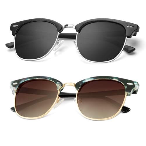 A23-(2 Pack) Matte Black | Black | Silver Rim / Glossy Blue Green Tortoise | Gradient Brown | Golden Rim Color Polarized Semi-Rimless Sunglasses for Men and Women