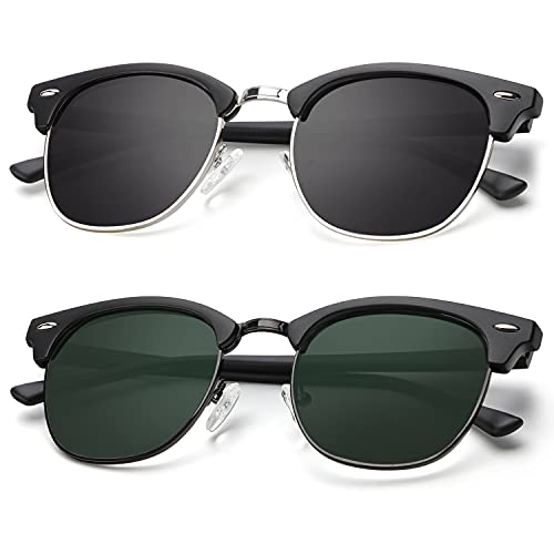 A11-(2 Pack) Matte Black | G15 | Black Rim / Matte Black | Black | Silver Rim Color Polarized Semi-Rimless Sunglasses for Men and Women