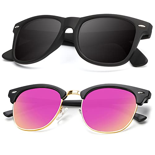 B16-(2 Pack) Matte Black | Pink | Golden Rim / Matte Black Color Polarized Semi-Rimless Sunglasses for Men and Women