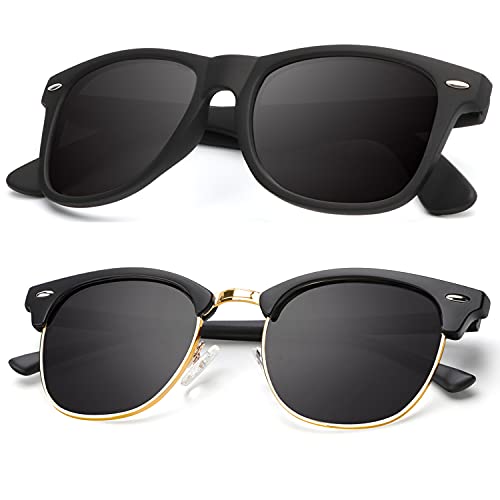 B01-(2 Pack) Matte Black | Black | Golden Rim / Matte Black Color Polarized Semi-Rimless Sunglasses for Men and Women