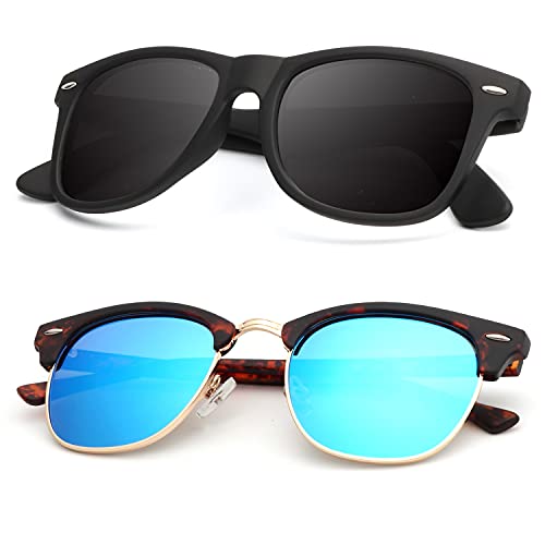 B10-(2 Pack) Matte Tortoise | Blue | Golden Rim / Matte Black Color Polarized Semi-Rimless Sunglasses for Men and Women
