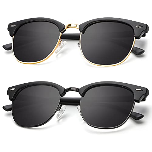 A08-(2 Pack) Matte Black | Black | Golden Rim / Matte Black | Black | Black Rim Color Polarized Semi-Rimless Sunglasses for Men and Women