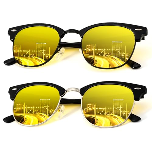 A29-(2 Pack) Glossy Black Night Vision/ Matte Black-silver Night Vision Color Polarized Semi-Rimless Sunglasses for Men and Women